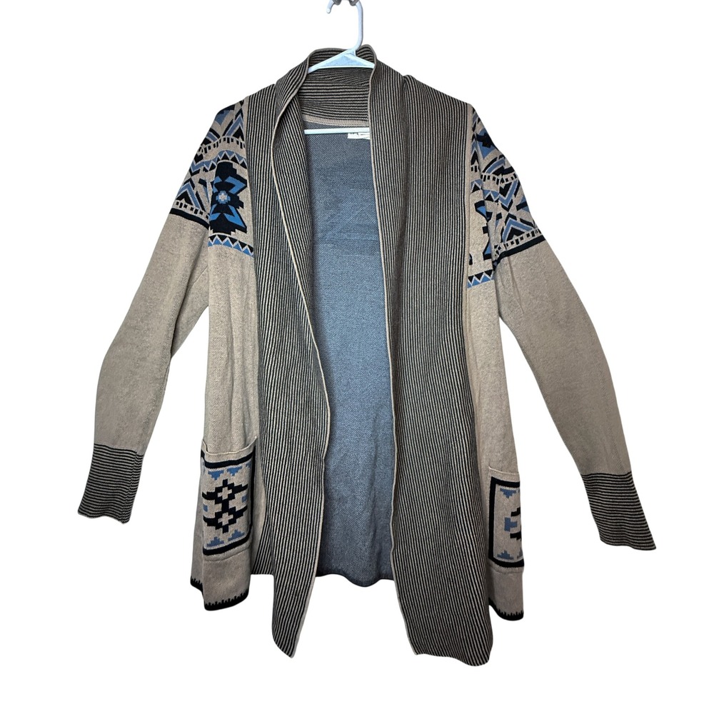 If It Were Me Cardigan Womens M Southwestern Cotton Tan Blue Open Front Boho